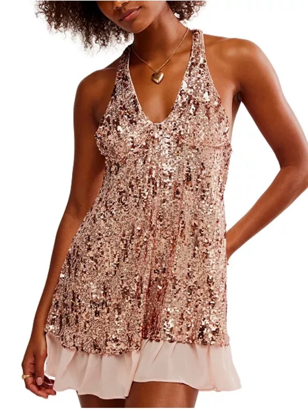 Free People Gold Sequin V-Neck Mini Slip Dress sz Lg